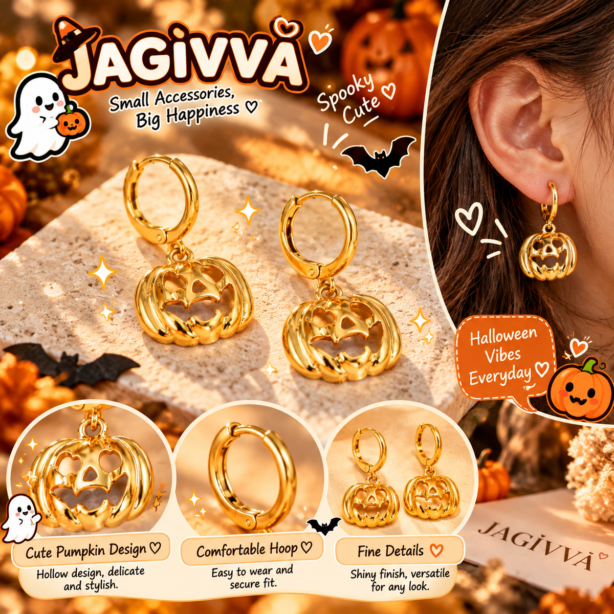 Golden Pumpkin Charm Hoop Earrings – Halloween Collection