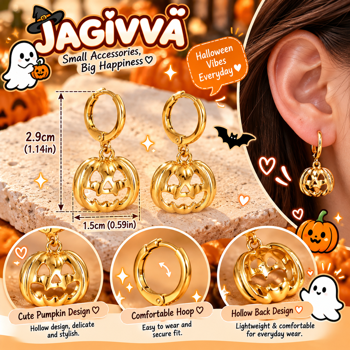 Golden Pumpkin Charm Hoop Earrings – Halloween Collection