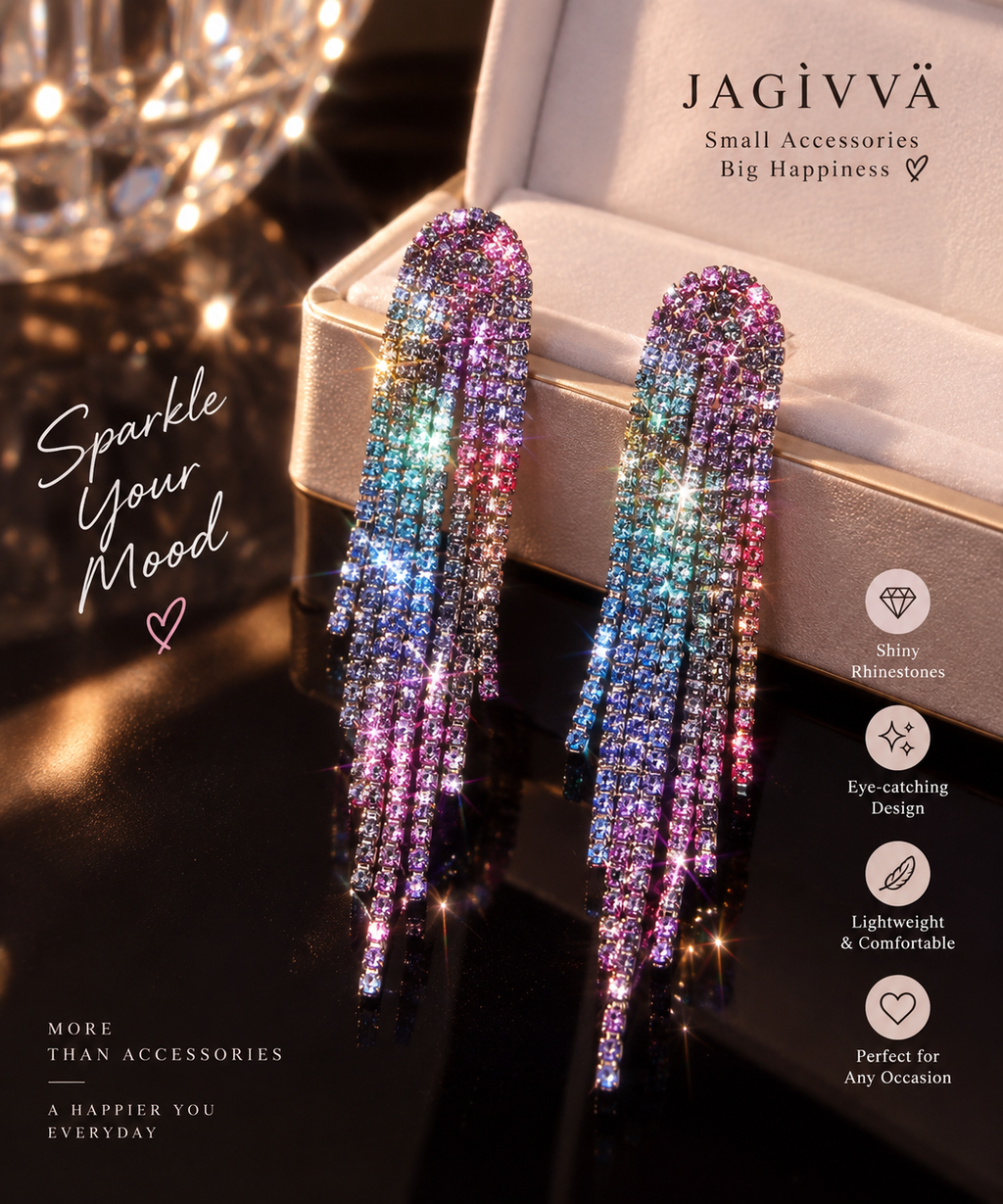 Rainbow Glow Crystal Tassel Earrings