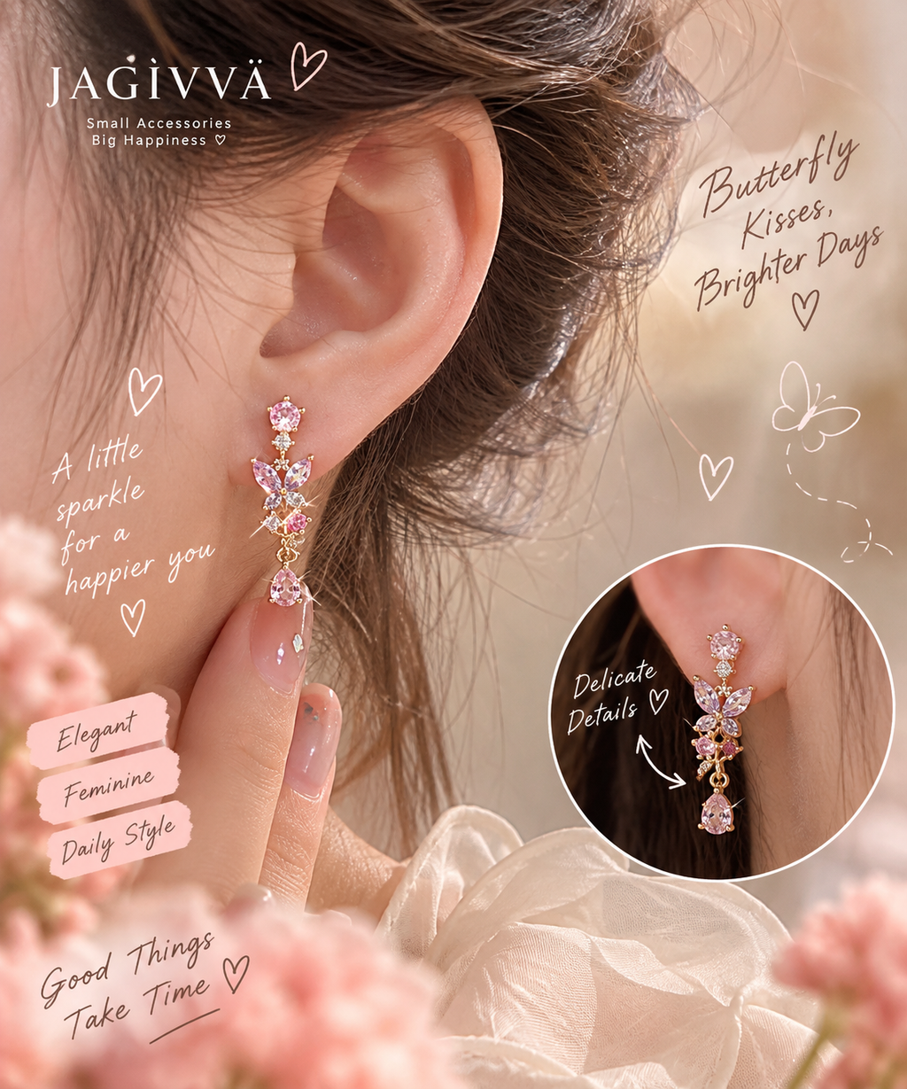 Pink Butterfly Sparkle Drop Earrings
