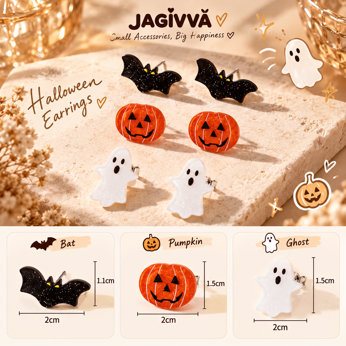 Trick or Treat Halloween Stud Earring Set – 3 Pairs