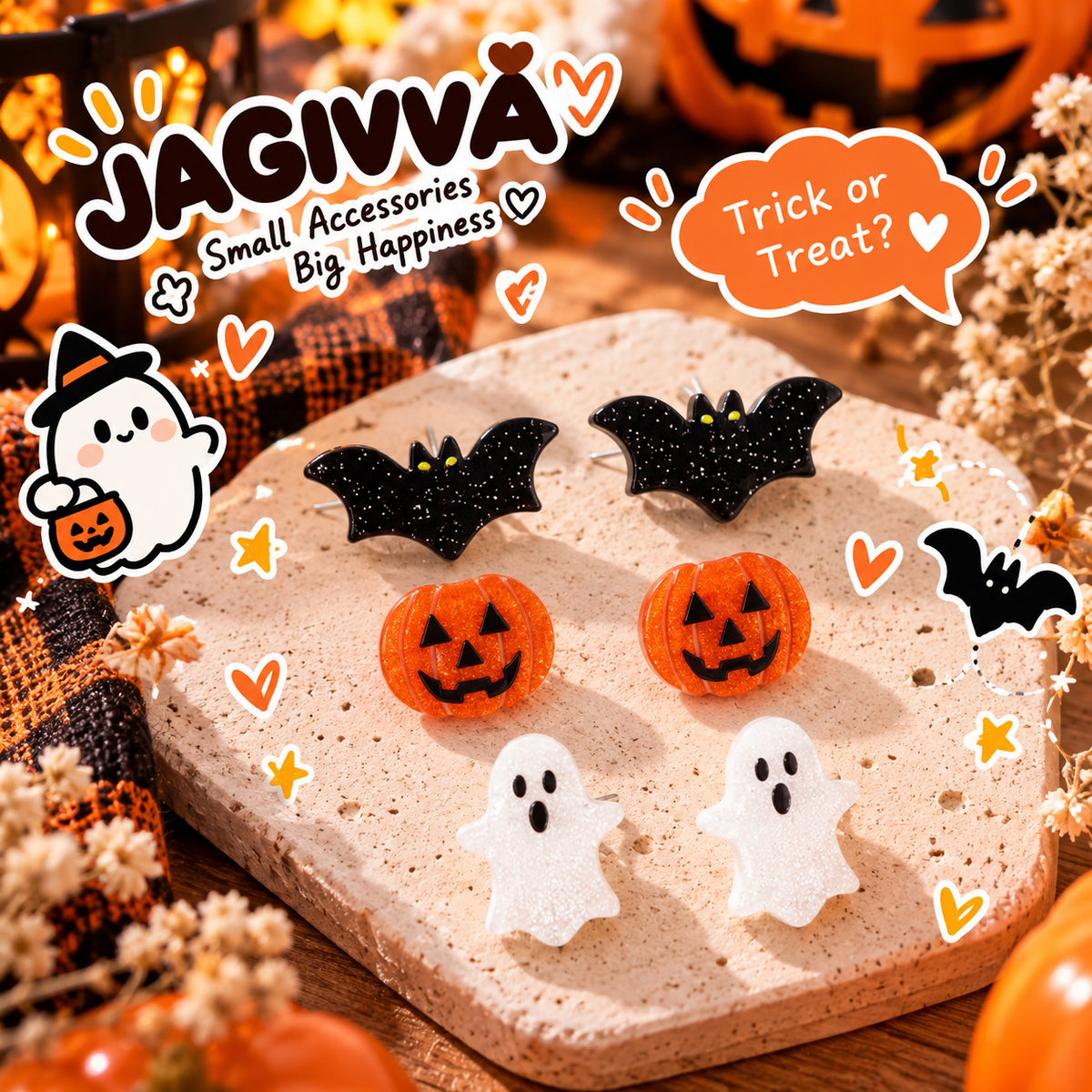 Trick or Treat Halloween Stud Earring Set – 3 Pairs