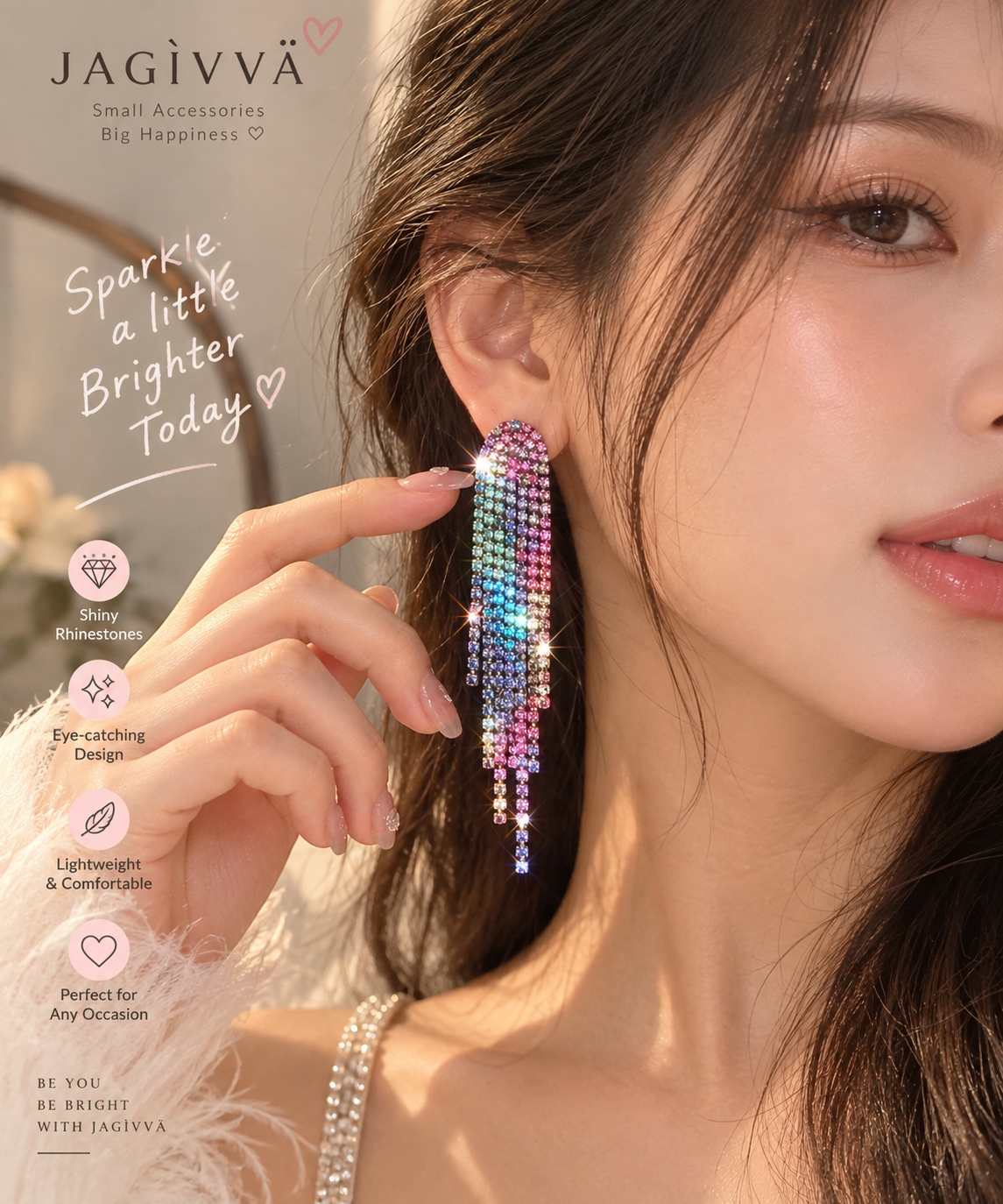 Rainbow Glow Crystal Tassel Earrings