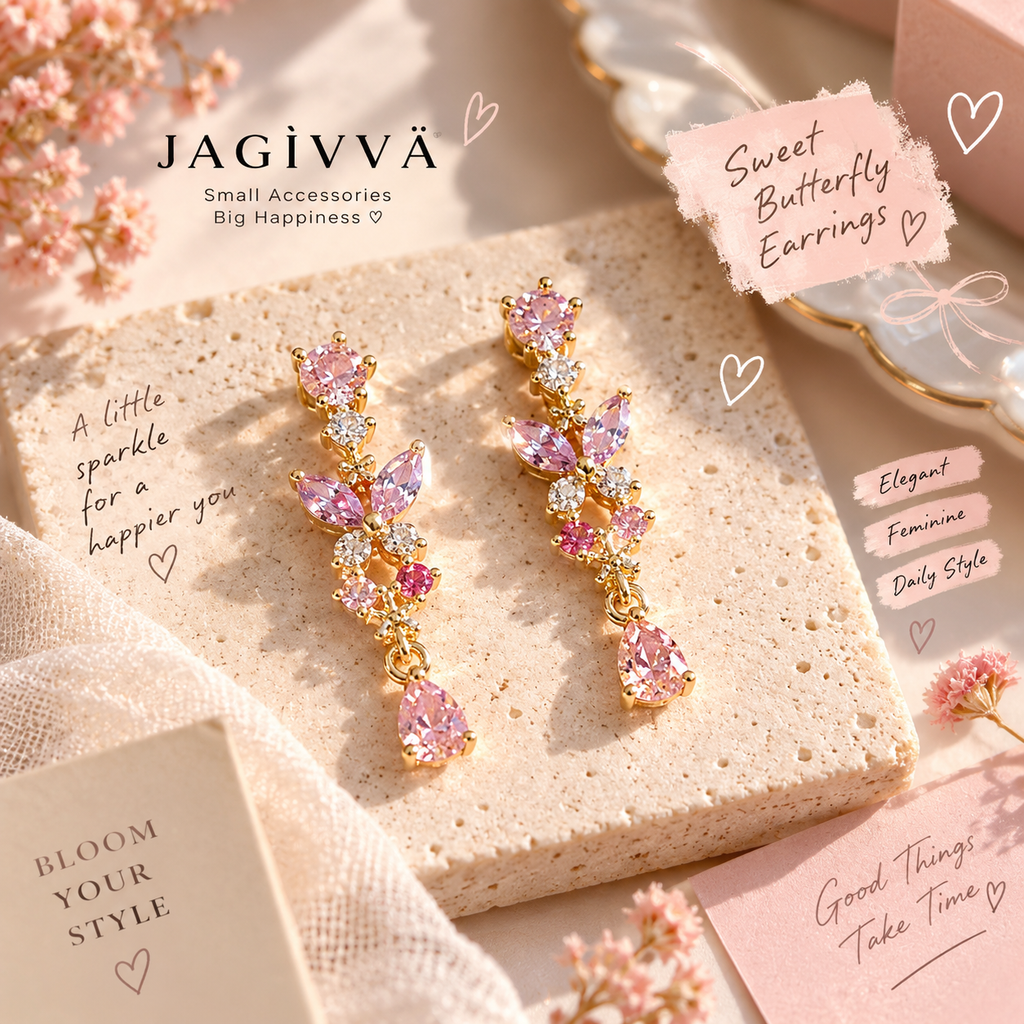 Pink Butterfly Sparkle Drop Earrings