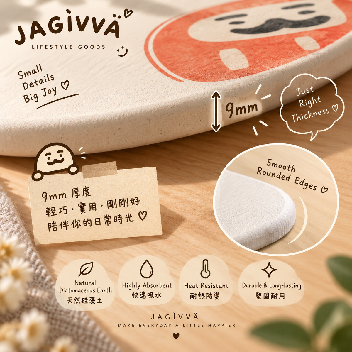 Japanese Daruma Diatom Absorbent & Heat-Resistant Coaster