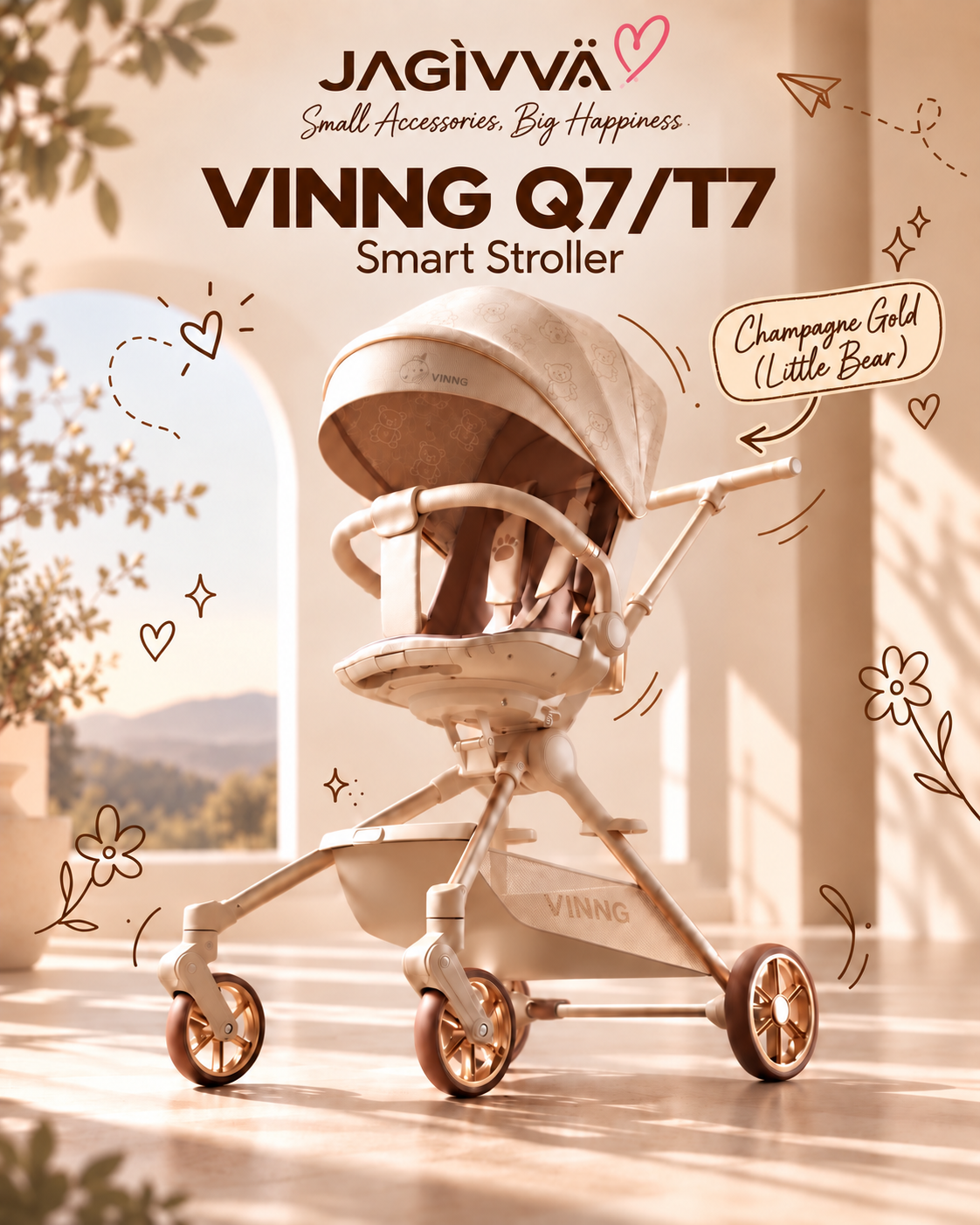 VINNG Q7 / T7 • 360° Rotating Foldable Travel Stroller