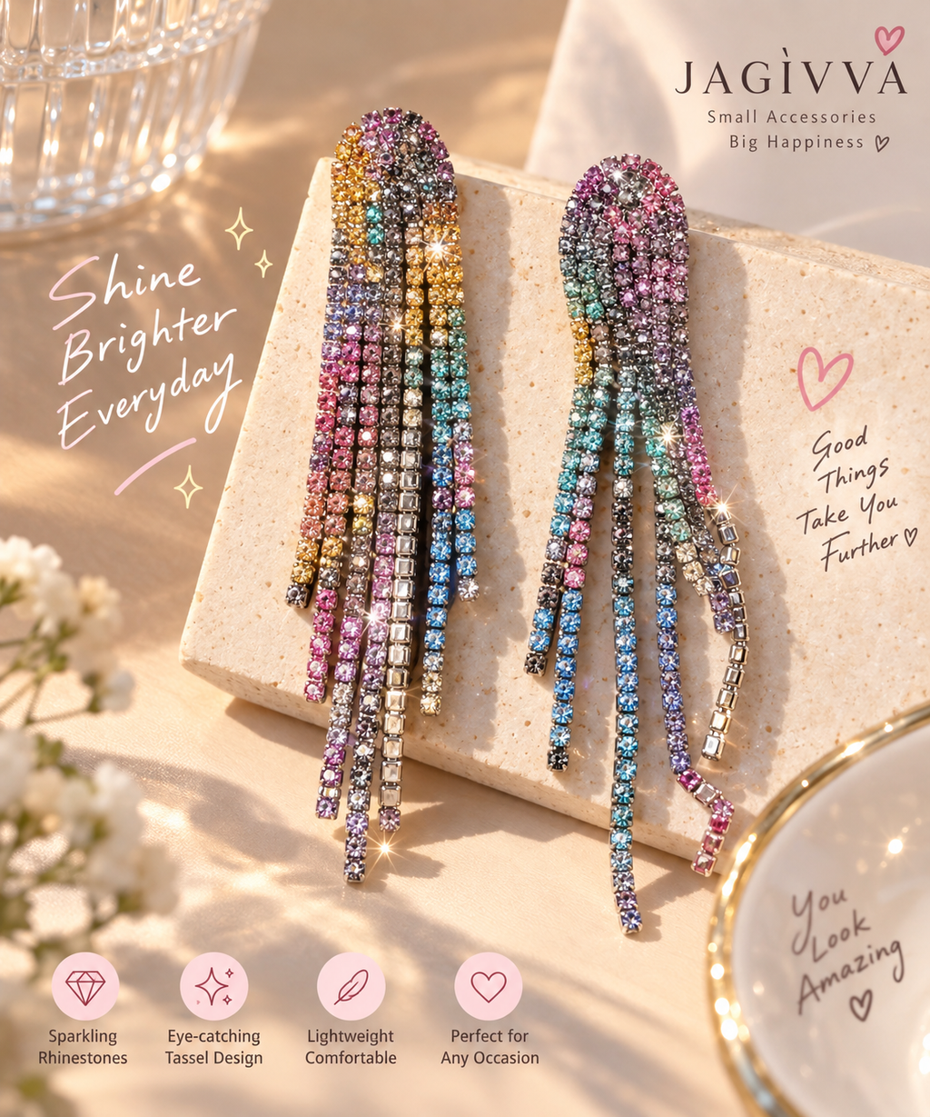 Rainbow Glow Crystal Tassel Earrings